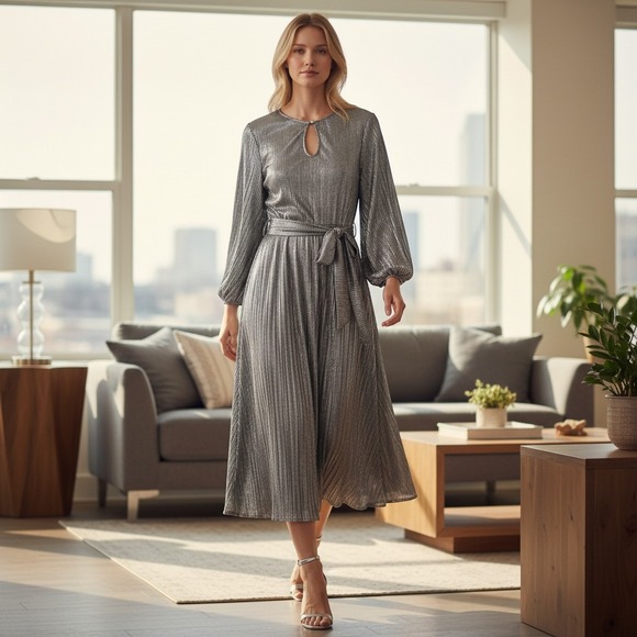 Soft Surroundings Dresses & Skirts - Soft Surroundings Silver Metallic Plisse Midi Dress Keyhole Balloon Sleeve 1X